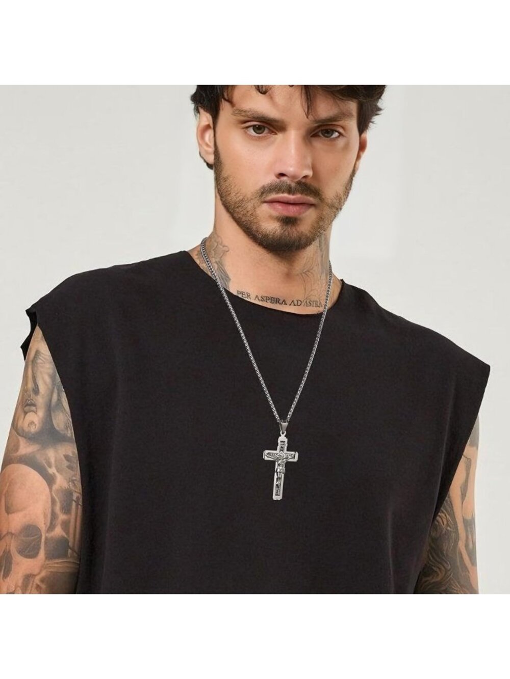 Men's Silver Stainless Steel Religious Catholic Christ Crucifix Cross Pendant - Picture 2 of 6